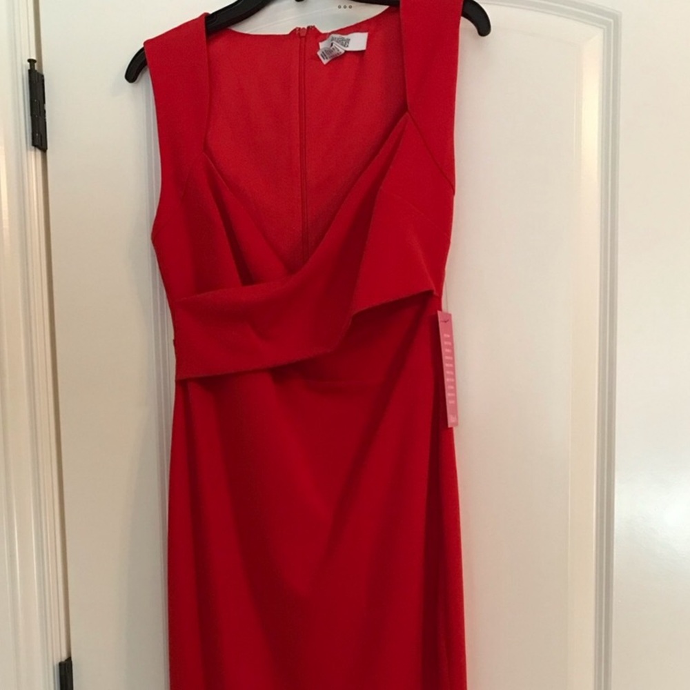 Badgley Mischka Vibrant Red Asymmetrical Dress with *split on the right side.